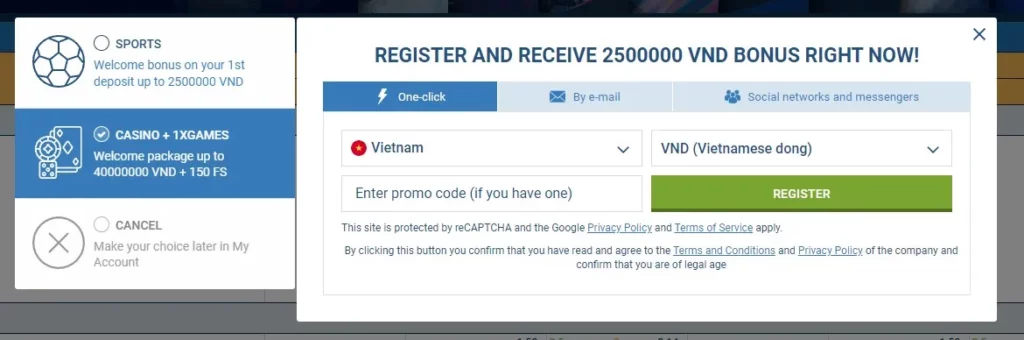 Registration process at 1xBet Vietnam