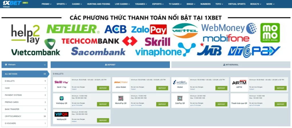 Payment methods at 1xBet Vietnam
